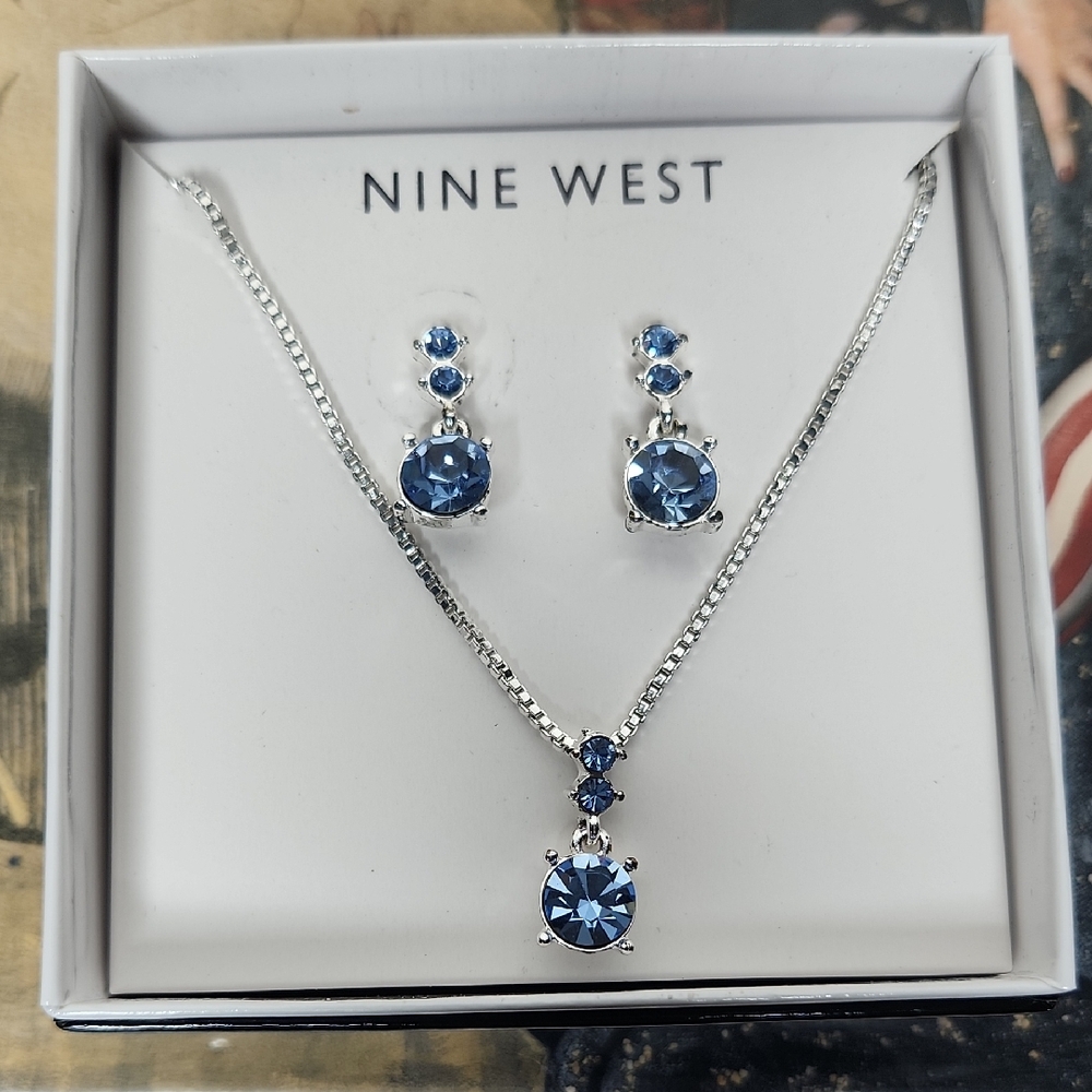NIB Nine West Silver Necklace Set with Blue Accents